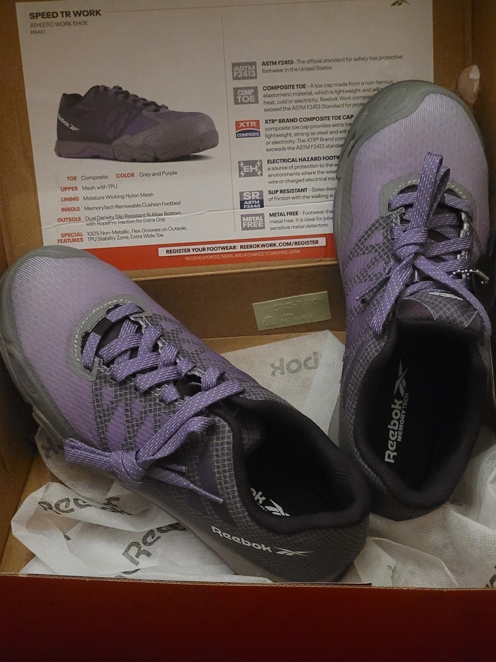 Reebok Women's STEEL toe Lavender and Gray Athletic Work Shoes